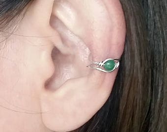 STERLING SILVER Ear Cuff, Minimal Silver Ear Cuff, Tiny jewelry, Tiny Ear Hugger, Green Aventurine, Small Ear Wrap, Forever Jewelry, Conch