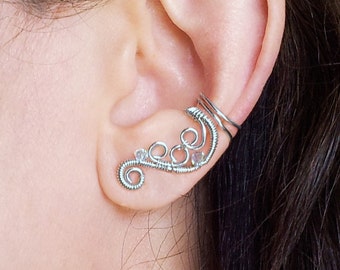 Manguito de orelha prateado, manguito de orelha espiral prateado, manguito de orelha Swarovski, envoltório de orelha de noiva elegante, manguito de orelha