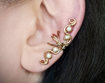 Gold Ear Cuff 24K Gold Plated Swirly Ear wrap Gold Glitter Beads