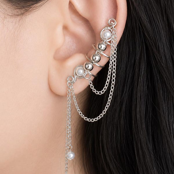 Ear Cuff de plata con cadena Ear Wrap de cadena bañada en plata