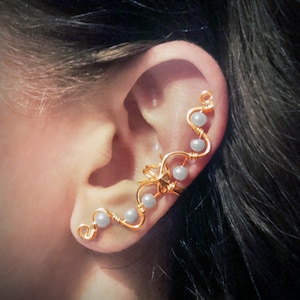 Gold Ear Cuff Gold Plated White Pearls Large Ear Wrap