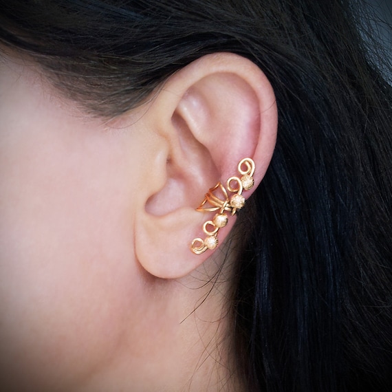 Beaded Ear Cuff Cartilage Hoop Earrings - Gold Plated