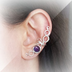 Silver Ear Cuff Purple Large Amethyst Ear Wrap