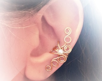 Gold Ear Cuff 24K or plaqué Ear Wrap White Pearl