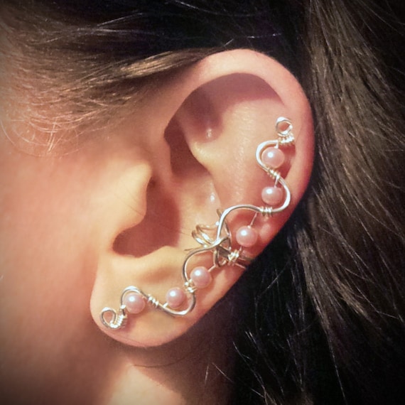 925 Elegant Silver and Pink Ear Cuff Wide band ear cuffs with chain in sterling silver – The  main image 4