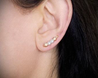 Gold Ear Sweep 24K gold plated Ear Climber White Pearls