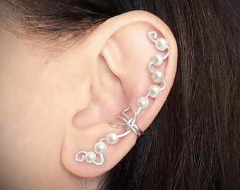 Silver Ear Cuff Silver plated Ear Champagne White Pearls