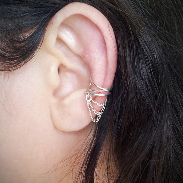 Silver Chain Ear Cuff Dainty Unique Cartilage Wrap, No Piercing Slip On