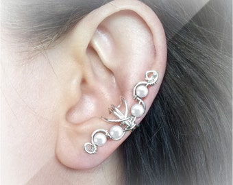 Silver Ear Cuff White Pearls Ear Wrap