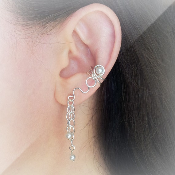 Silver Ear Cuff With Chain Silver plated Ear Wrap White Pearls Etsy
