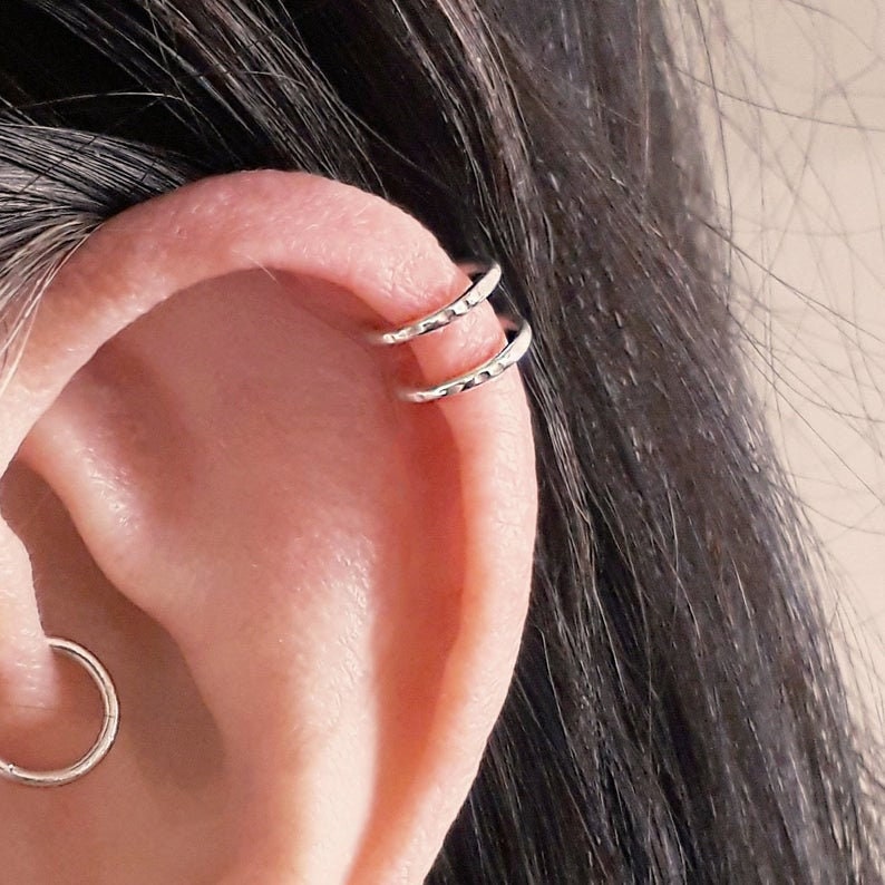 Hammered Sterling Silver Helix Hoops, Fake Helix Ring, Two Ring Helix, Ear Cuff, Helix, Rose Gold Helix, No Piercing Helix, Helix Hugger image 2