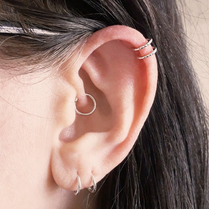 Hammered Sterling Silver Helix Hoops, Fake Helix Ring, Two Ring Helix, Ear Cuff, Helix, Rose Gold Helix, No Piercing Helix, Helix Hugger image 3