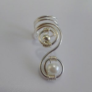 Silver Ear Cuff, White Swirly Ear Wrap, White Pearl Ear Wrap, Gift for her, No pierce earrings, Fake piercing, Conch Ring, Clip on earrings
