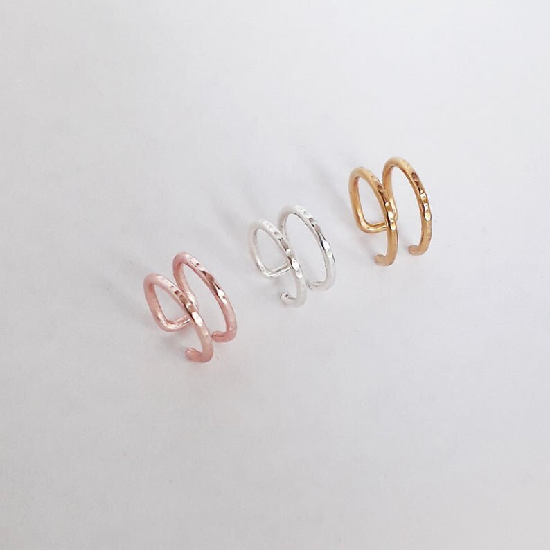 Hammered Sterling Silver Helix Hoops, Fake Helix Ring, Two Ring Helix, Ear Cuff, Helix, Rose Gold Helix, No Piercing Helix, Helix Hugger image 6