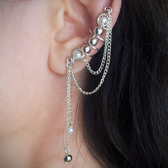 Silver Ear Cuff With Chain Matching Earring - Etsy