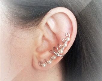 Silver Ear Cuff Silver plated Ear Wrap Pearls