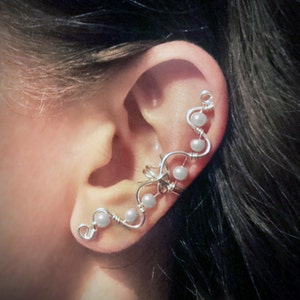 Silver Ear Cuff White Pearls Large Ear Wrap