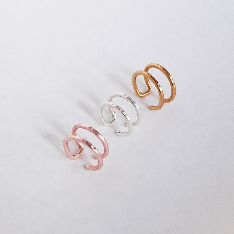 Hammered Sterling Silver Helix Hoops, Fake Helix Ring, Two Ring Helix, Ear Cuff, Helix, Rose Gold Helix, No Piercing Helix, Helix Hugger image 7