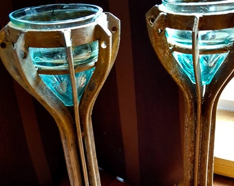 Candle holder Pair with blown caged glass, maritime, brutalist, steampunk!