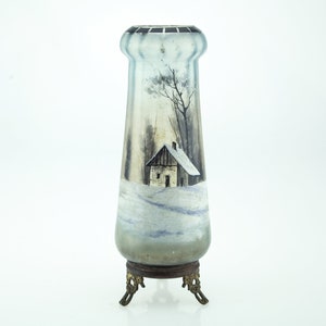 1900s handblown glass vase with handpainted etched decor