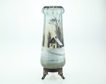 1900s handblown glass vase with handpainted etched decor