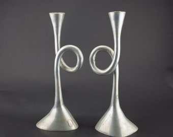 80s pair design aluminium candle holders "trumpet"