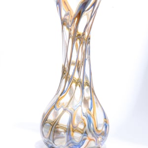 Hand made tall glas vase with applied glass threads in blue and yellow