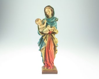 handcarved mother mary with jesus, handpainted