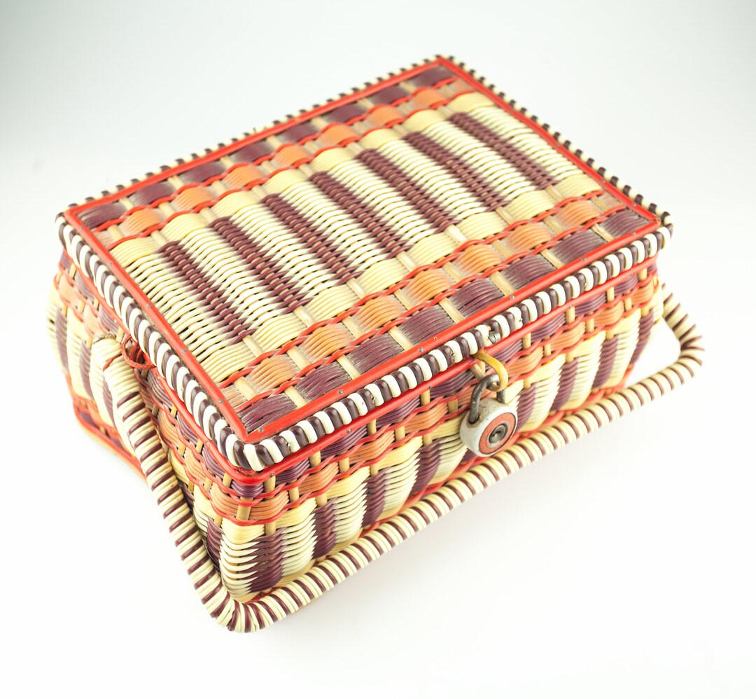 Vintage Vinyl Wicker Trinket Box Great Colors Etsy