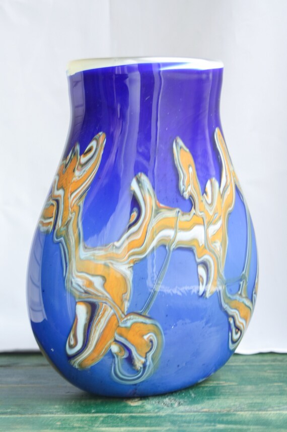 Heavy blue and orange glass vase il 570xN kx8n