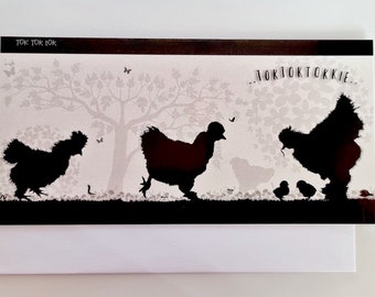 Può includere: Un biglietto d'auguri con una silhouette in bianco e nero di una gallina e pulcini con il testo "tok tok tok...toktoktokkie..." su uno sfondo grigio chiaro.