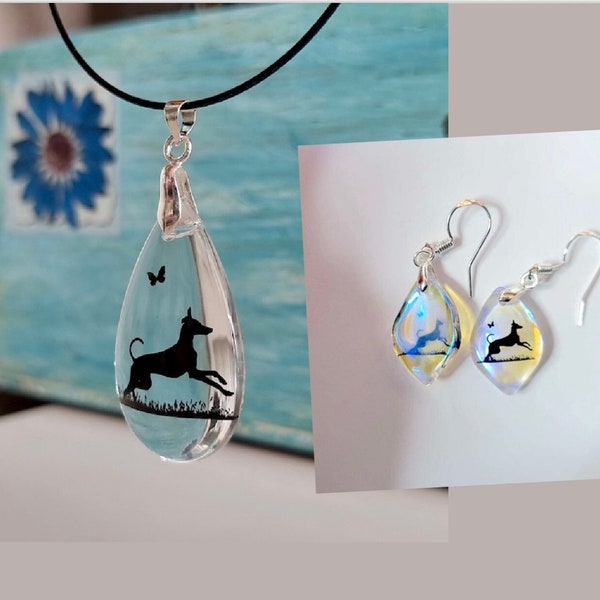 Italian Greyhound  crystal waterdrop pendant and earring set