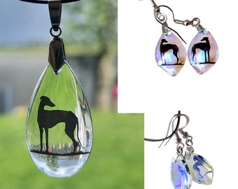 Galgo Español / Greyhound , Conjunto de aretes y colgante de gota de agua de cristal