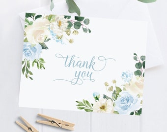 Light Blue Floral Thank You Cards Printed / Dusty Blue Floral Thank You Notes for Wedding, Bridal Shower, Baby Shower, Any Occasion / LR2078