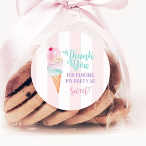 May include: Pink and white striped round favor tag with a watercolor illustration of an ice cream cone with three scoops of ice cream. The text on the tag reads "Thank You for making my party so sweet!"