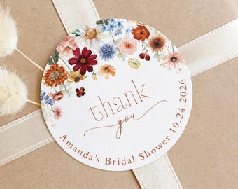 Fall Wildflower Round Thank You Stickers for Wedding, Bridal Shower, Baby Shower, or any Occasion