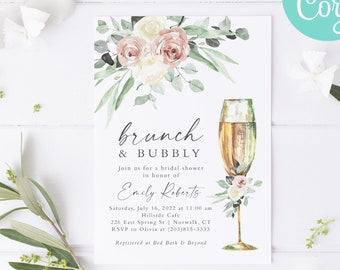 White and Beige Floral Brunch and Bubbly Bridal Shower Invitation Template / Wedding Shower Invitation / Champagne Brunch Invite / LR2079