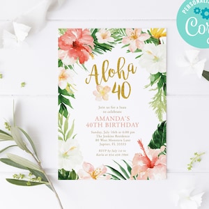 Aloha 40 Birthday Invitation Template / Tropical Luau Theme 40th Birthday Invitation / Hawaiian Birthday Party Digital Invitations / LR2040
