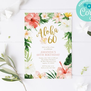 Aloha 60 Birthday Invitation Template / Tropical Luau Theme 60th Birthday Invitation / Hawaiian Birthday Party Digital Invitations / LR2040