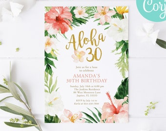 Aloha 30 Birthday Invitation Template / Tropical Luau Theme 30th Birthday Invitation / Hawaiian Birthday Party Digital Invitations / LR2040