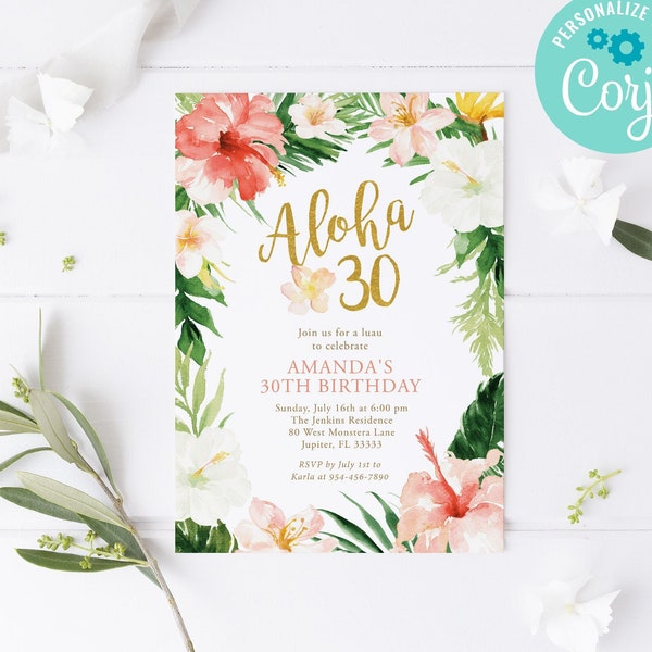 Aloha 30 Birthday Invitation Template / Tropical Luau Theme 30th Birthday Invitation / Hawaiian Birthday Party Digital Invitations / LR2040