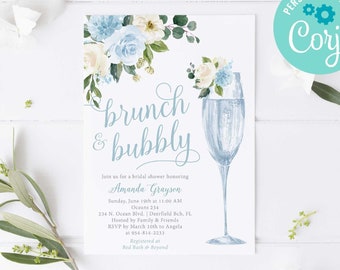 Dusty Blue Floral Brunch Invitation Template (5x7, Editable)