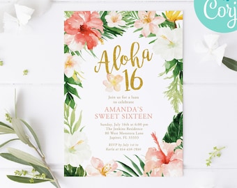 Aloha 16 Birthday Invitation Template / Tropical Luau Theme Sweet Sixteen Birthday Invitation / Hawaiian Birthday Party Invitations / LR2040