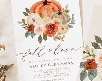 Fall in Love Floral Pumpkin Bridal Shower Invitations Printed, Autumn Wedding Shower Invites