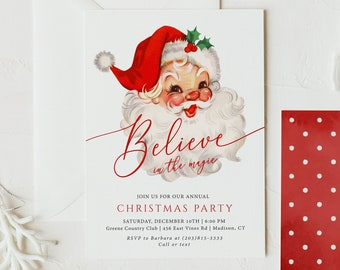 Pode incluir: Convite para uma festa de Natal com uma ilustração vintage do Pai Natal. O convite apresenta o texto "Believe in the magic" em vermelho, com os detalhes do evento abaixo. Um cartão vermelho com bolinhas brancas também é visível.