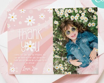 May include: Pink thank you card with a daisy design and a photo of a girl in a field of daisies. The text on the card reads "thank you" and "I loved the cake and the presents too, but my favorite part was seeing you. Thank you for making my birthday party so special. Love, Zoe."