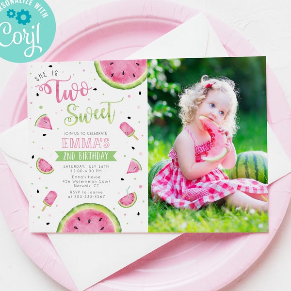 Two Sweet Watermelon 2nd Birthday Invitation with Photo / Watermelon Birthday Invite / Summer Birthday Invite / Watermelon Party / LR2081