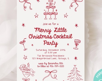 May include: A cream-colored invitation with red line art for a Christmas cocktail party. The text reads "Merry Little Christmas Cocktail Party" with event details and RSVP information. Decorative elements include bows, stars, and cocktail glasses.