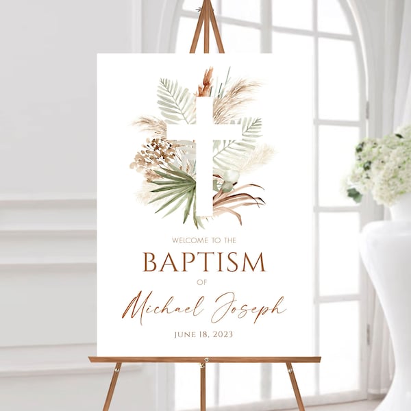 Modern Boho Baptism Welcome Sign TEMPLATE / Christening Poster Sign / Communion Sign / Confirmation / Greenery and Pampas Grass / LR2105