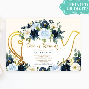 Love is Brewing Bridal Tea Party Invitations,  Printed or Digital / Floral Teapot Tea Party Invitation / Navy and Baby Blue / LR2044